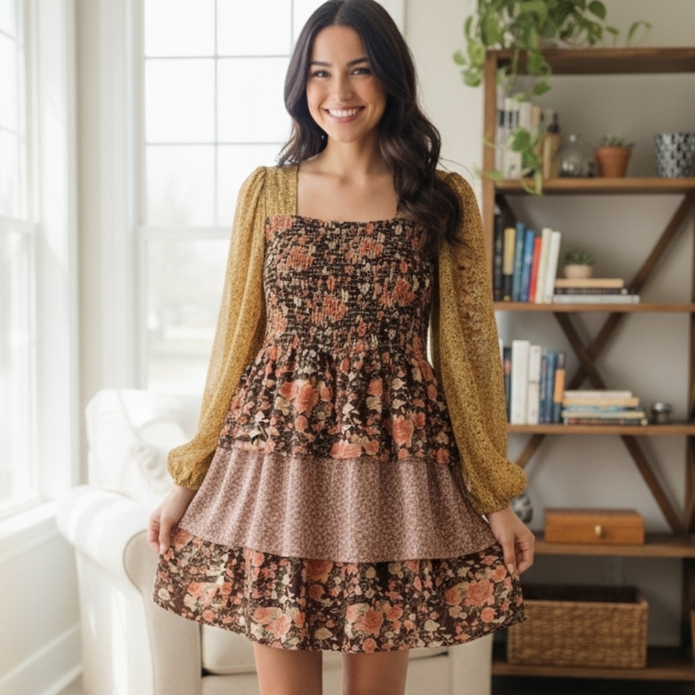 Floral Patchwork Smocked Mini Dress – Size M – NWT